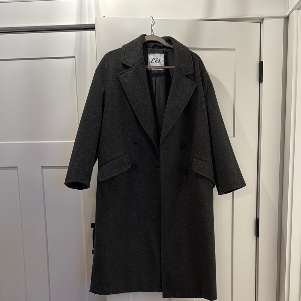 Zara Black Trench Coat Tailored Design Wool Blend